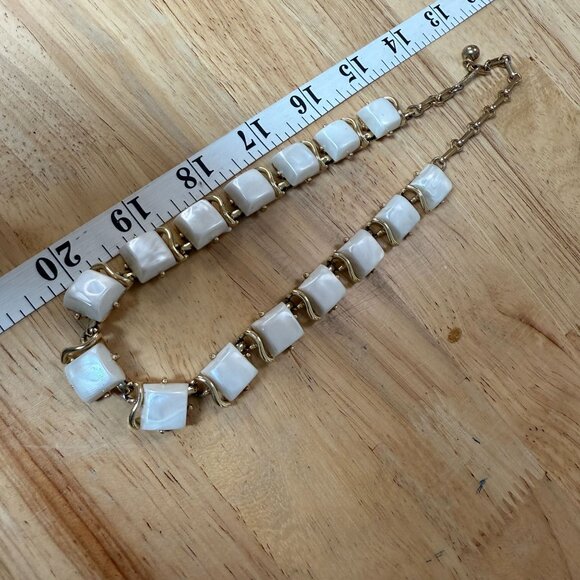 Vintage Coro Gold-Tone Link Necklace With White Thermoset Square Tiles Mid-Centu - Picture 6 of 16